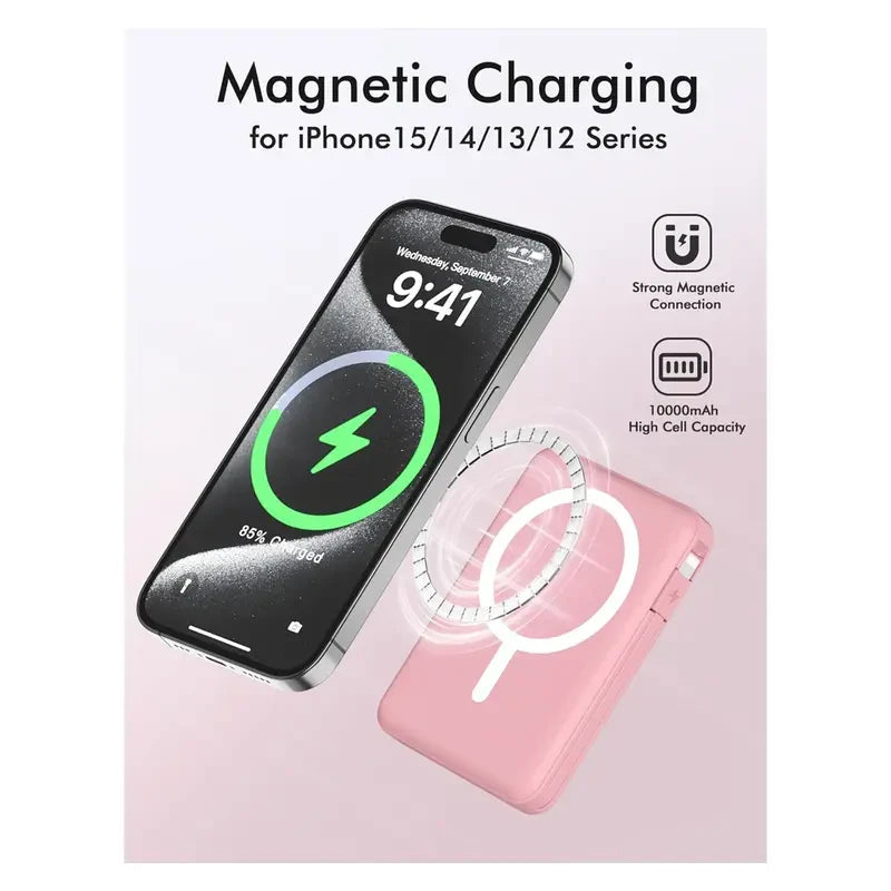 Premium 10000mAh Magnetic MagSafe Power Bank with Wireless Charging, LED Display, Dual USB-C &amp; Lightning Ports, Portable Mobile Device Charger for iPhone 12-17 Series